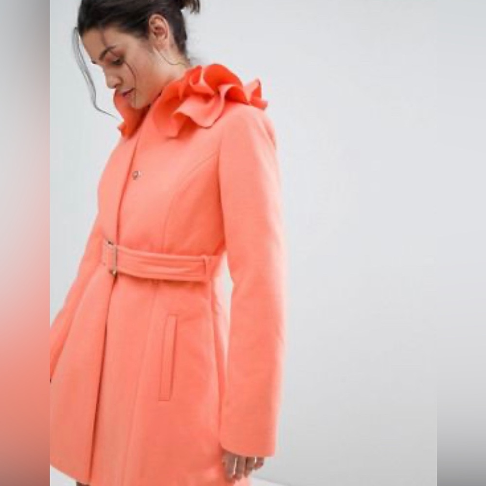 Asos Ruffle Neck Skater Coat Coral Size 14